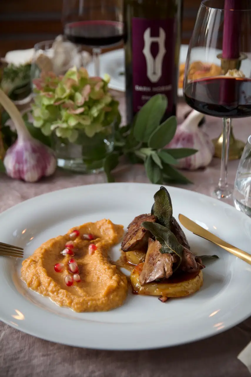 Chicken Liver in Pomegranate jus with Quince Rings Sweet Potato Puree and Dark Horse Wine