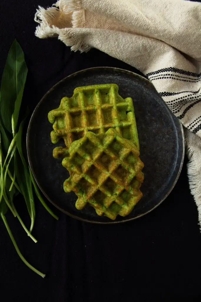 Wild Garlic Waffles with Salmon and Green Asparagus