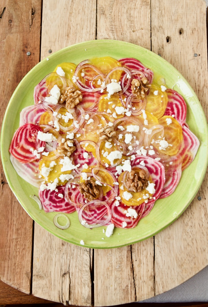 Heirloom Beet Carpaccio with Feta and Walnuts