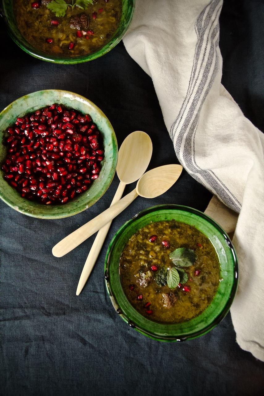 Ash-e Anar ba Koofteh Ghelgheli – Thick Pomegranate Soup with Meatballs and Mint Oil آش انار