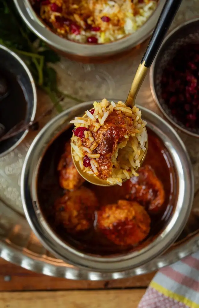 Zereshk Polo ba Morgh – Saffron Rice with Barberries & Chicken Meatballs