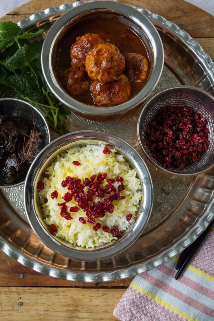 Zereshk Polo ba Morgh – Saffron Rice with Barberries & Chicken Meatballs