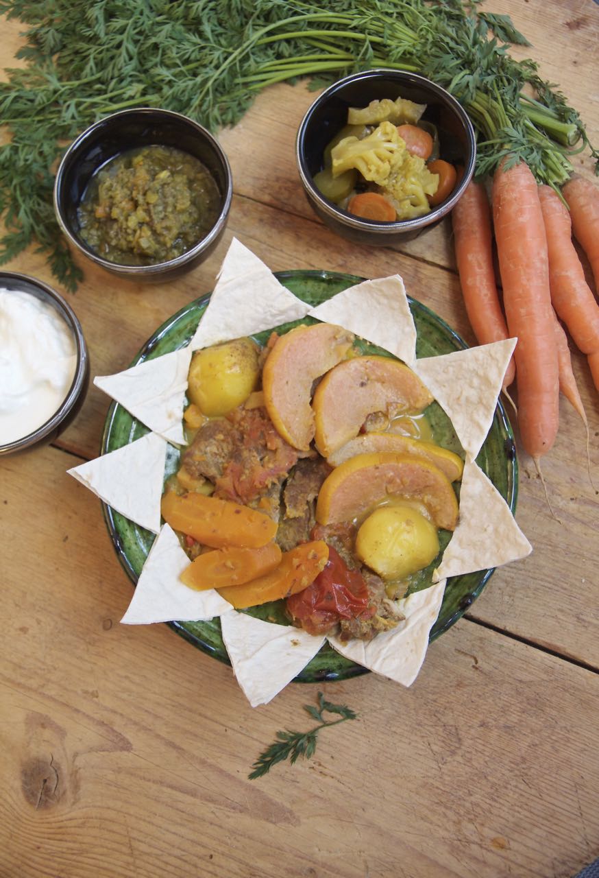 Persian Tas Kabab with Quince - A Winter Roast Beef on a Bed of Root Vegetables