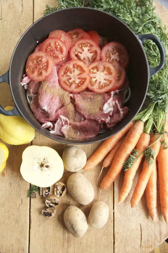 Persian Tas Kabab with Quince - A Winter Roast Beef on a Bed of Root Vegetables