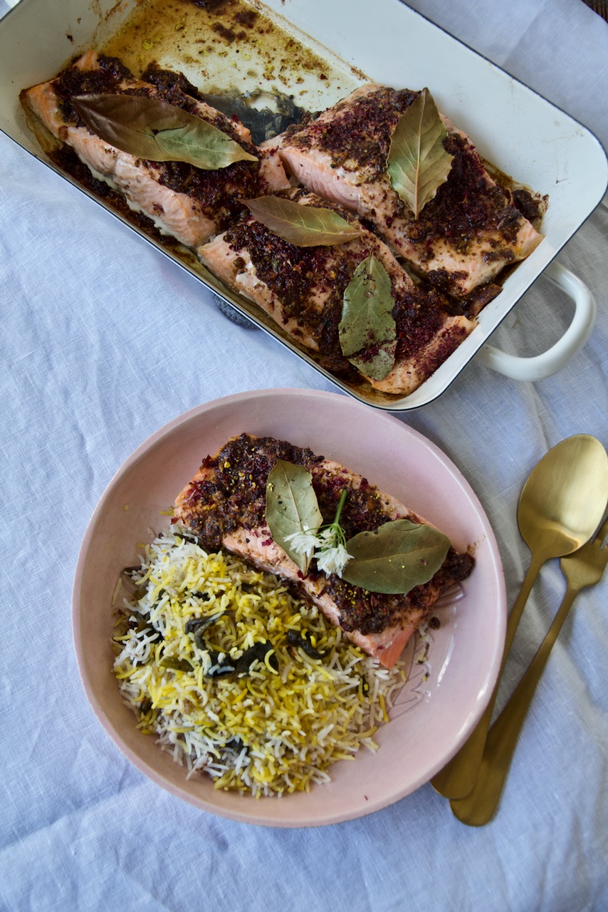 Valak Polo ba Mahi - Bärlauch-Reis mit mariniertem Lachs - Labsalliebe